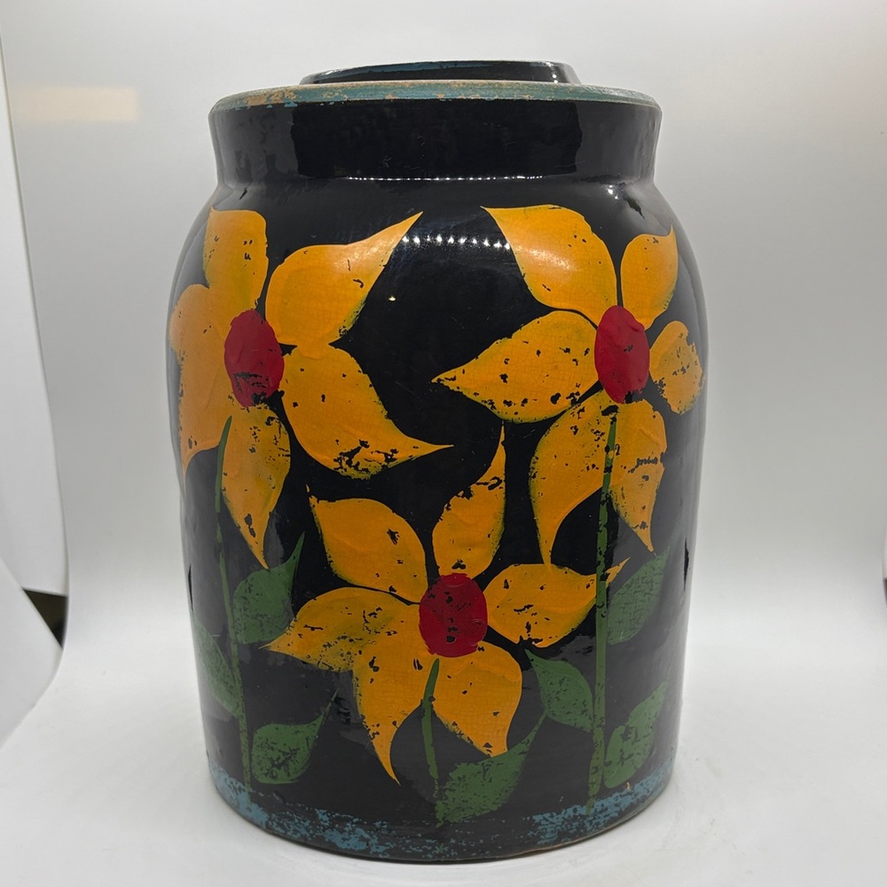 MCM Flower Cookie Jar Floral Clay Black Yellow Vintage